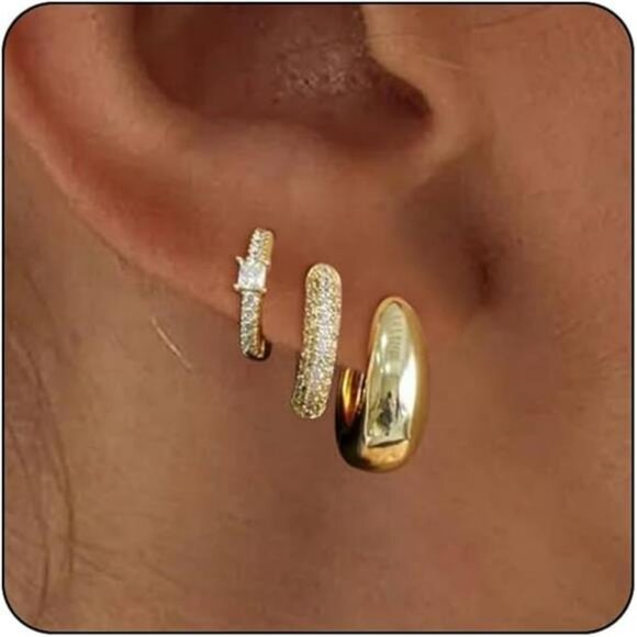 Gold Hoop Earrings Set 14K Plated Small Chunky Lightweight Huggie Jewelry - Picture 7 of 7